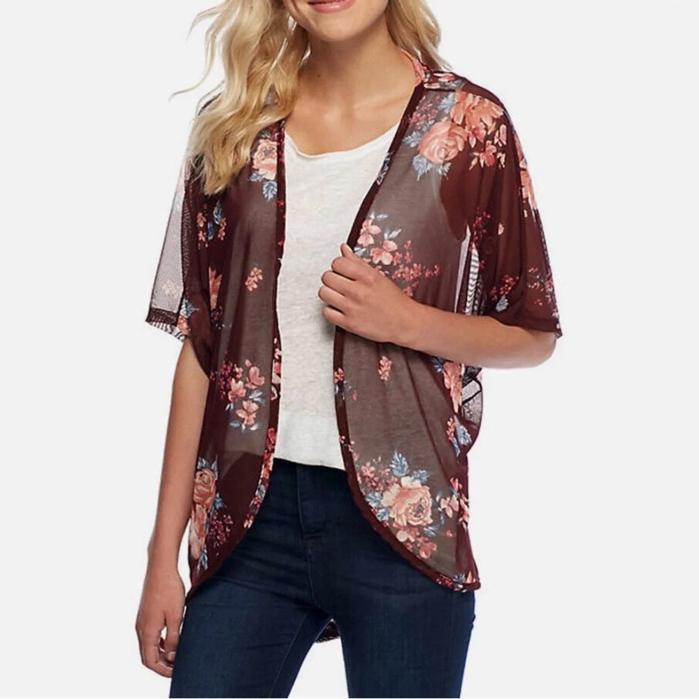 Mesh Kimono Floral Knit Wine Rose Relaxed Sheer Boho Size Large Polly & Esther